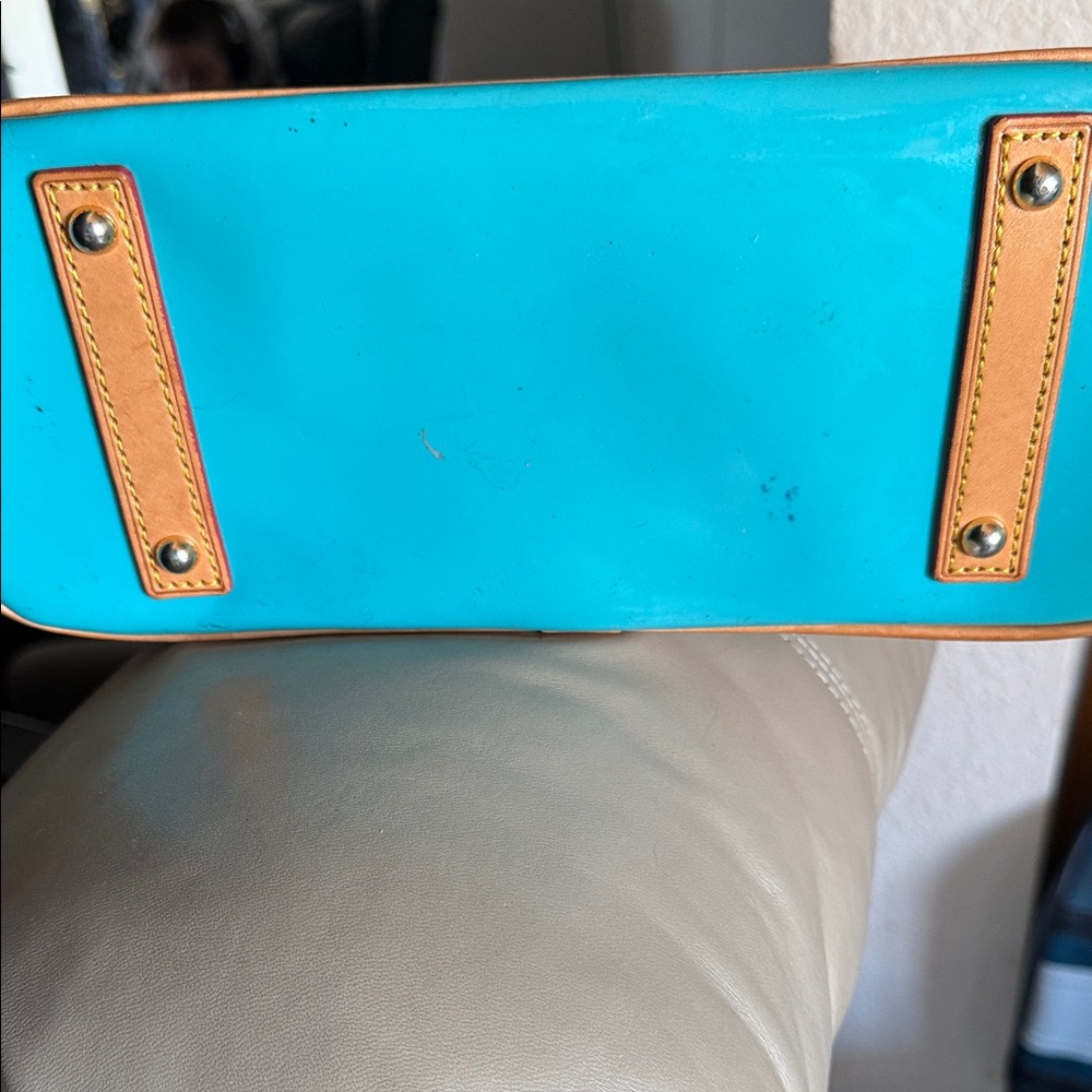 Dooney & Bourke Teal Patent Satchel with Tan Trim - Picture 2 of 6